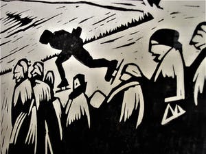 Hendrik van der Horst - UNIEK GRAFIEK! Grote Sport-Linosnede "de barre Elfstedentocht 1963" kopen? Bied vanaf 10!