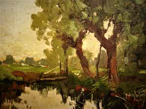 Niet of onleesbaar gesigneerd - Nabloei Haagse school olieverf "landschap met beek" gesigneerd verkocht voor € 1!