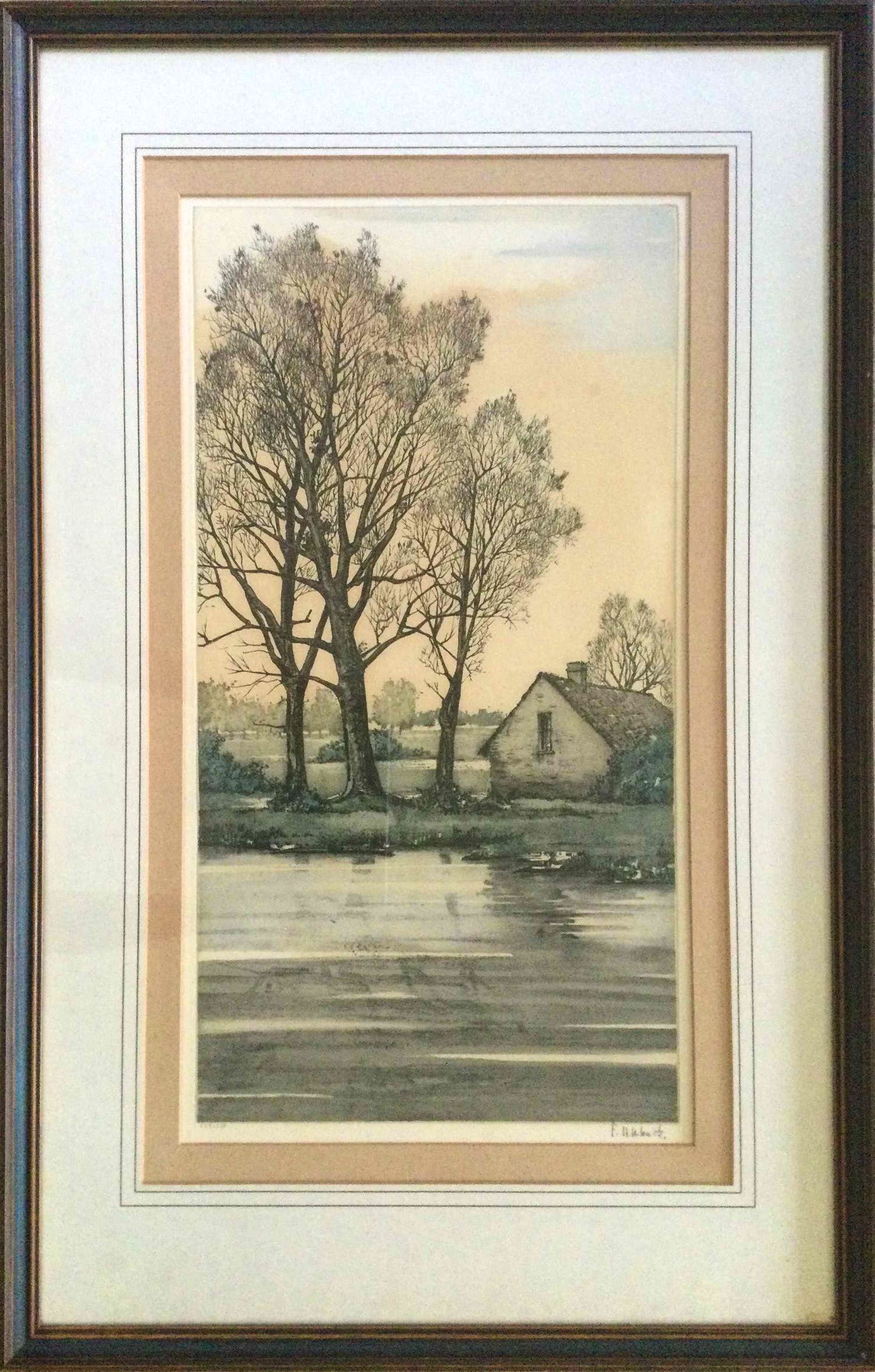 Roger Hebbelinck - Fraai ingelijste kleuren ets met Vlaams herfstlandschap verkocht voor € 40!