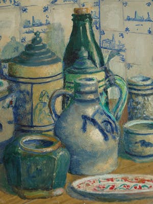 Niet of onleesbaar gesigneerd - Ingelijst, olieverf op board , stilleven “Aardewerk met bierpullen” kopen? Bied vanaf 1!