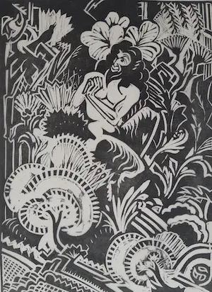 Henri van der Stok - Twee houtsnedes uit Wendingen 1919: Badende nimf en Faun en merel kopen? Bied vanaf 60!