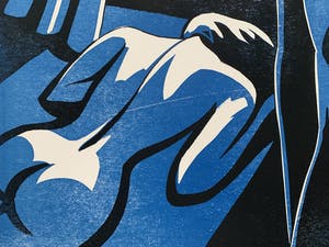 Leon Janssen - Houtsnede in zwart en blauw | 'Nachtwind' | 1987 kopen? Bied vanaf 120!