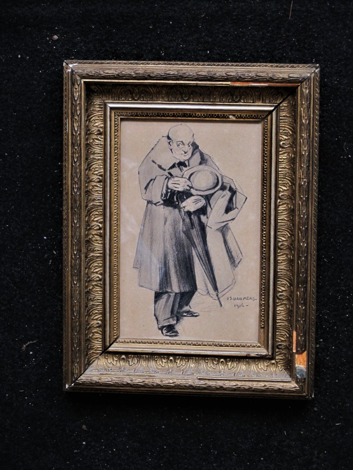 Is. van Mens - originele 1916 houtskooltekening "Vader gaat op stap" gesigneerd kopen? Bied vanaf 1!