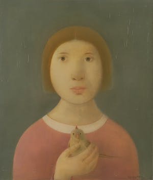 Karel Wiggers - Innemend portret van meisje met vogel - Ingelijst kopen? Bied vanaf 1200!