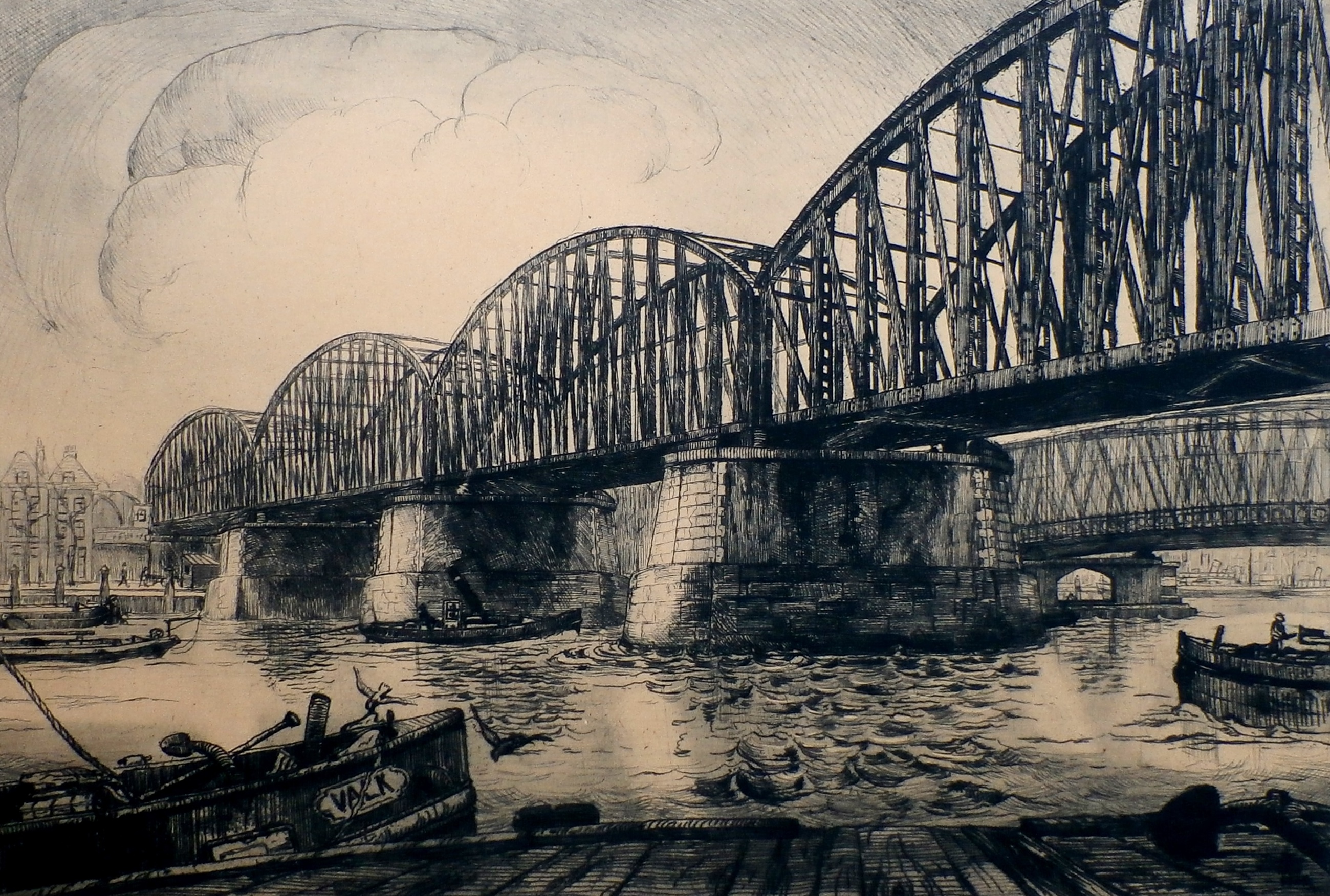 A.W. van Munster - ets - Maasbruggen Rotterdam - 1925 kopen? Bied vanaf 25!