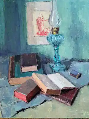 Victor Dooms - Stilleven met petroleumlamp en boeken verkauft für € 130!