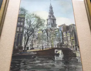 Johannes Josseaud - Amsterdamse gracht met Zuiderkerk | gekleurde litho (uniek)- ingelijst kopen? Bied vanaf 45!