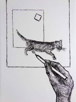 Roger Raveel - KAT IN VIERKANT / ZW-W ETS / 39x27cm / SIG / 2010 verkocht voor € 275!