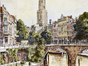 Marius Janssen - Mooie & grote ingekleurde Ets Utrecht bakkersbrug - gesigneerd fraai ingelijst kopen? Bied vanaf 57!