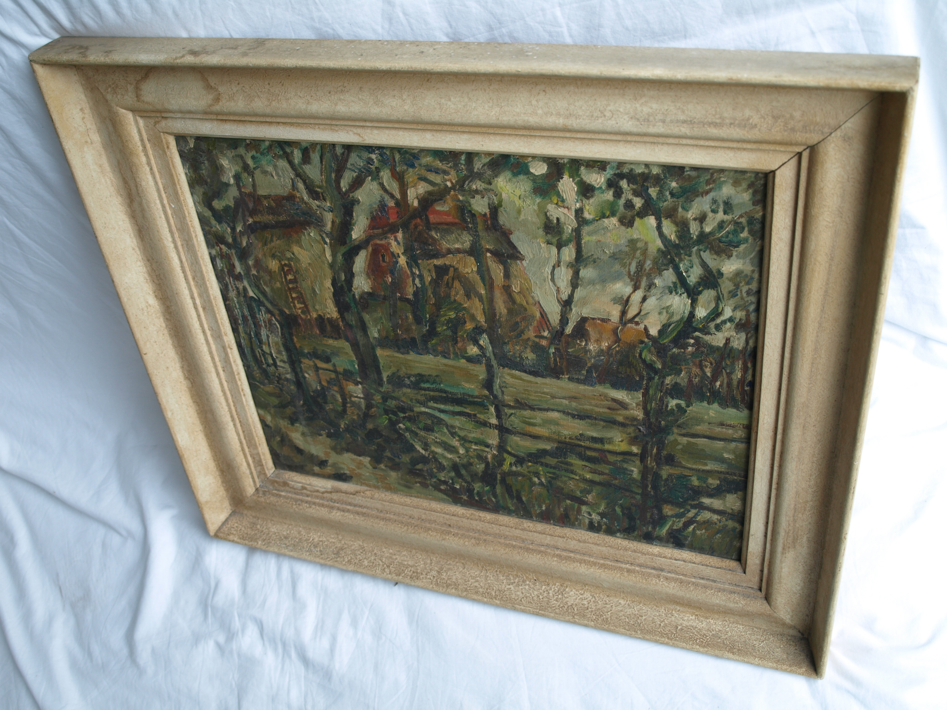 Niet of onleesbaar gesigneerd - Olieverf op doek , Boerderij – ingelijst  kopen? Bied vanaf 1!