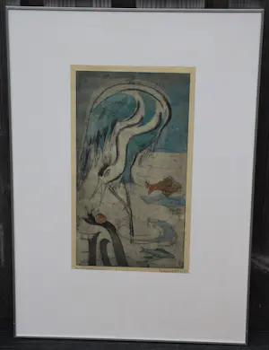 Jeanne Bieruma Oosting - Ingelijste ets/aquatint: Reiger, vis en slak ‘Le héron(de la Fontaine)' - 1952 kopen? Bied vanaf 495!