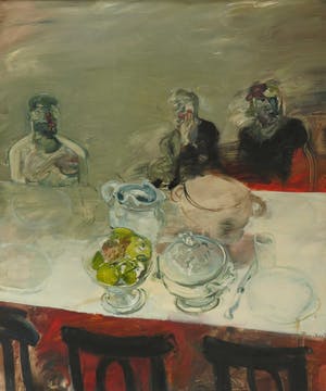 Annemarie Fischer - Olieverf op doek, Gedekte tafel met drie figuren - Ingelijst (Zeer Groot) kopen? Bied vanaf 500!