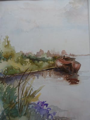 Jan van Bragt - Aquarel met een afgemeerde roeiboot. kopen? Bied vanaf 20!