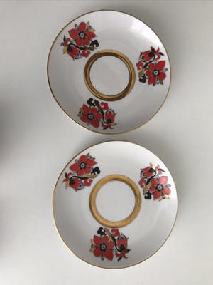 Lomonosov - Set van twee Lomonosov porseleinen koppen en schotels ‘Rode Haan’ - 22 k goud kopen? Bied vanaf 65!