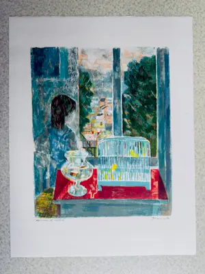 Emilio Grau-Sala - Lithographie "Fenêtre ouverte avec cage à oiseau et poissons rouges" kopen? Bied vanaf 115!
