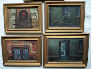 Niet of onleesbaar gesigneerd - 5 Gesigneerde ingelijste schilderijtjes / gouaches , De Ingang / Entree – 1996 kopen? Bied vanaf 1!