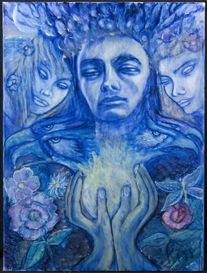 Kiss Riemvis - Olieverf op doek, z.t. Fantasy figuren met vuurbal kopen? Bied vanaf 10!