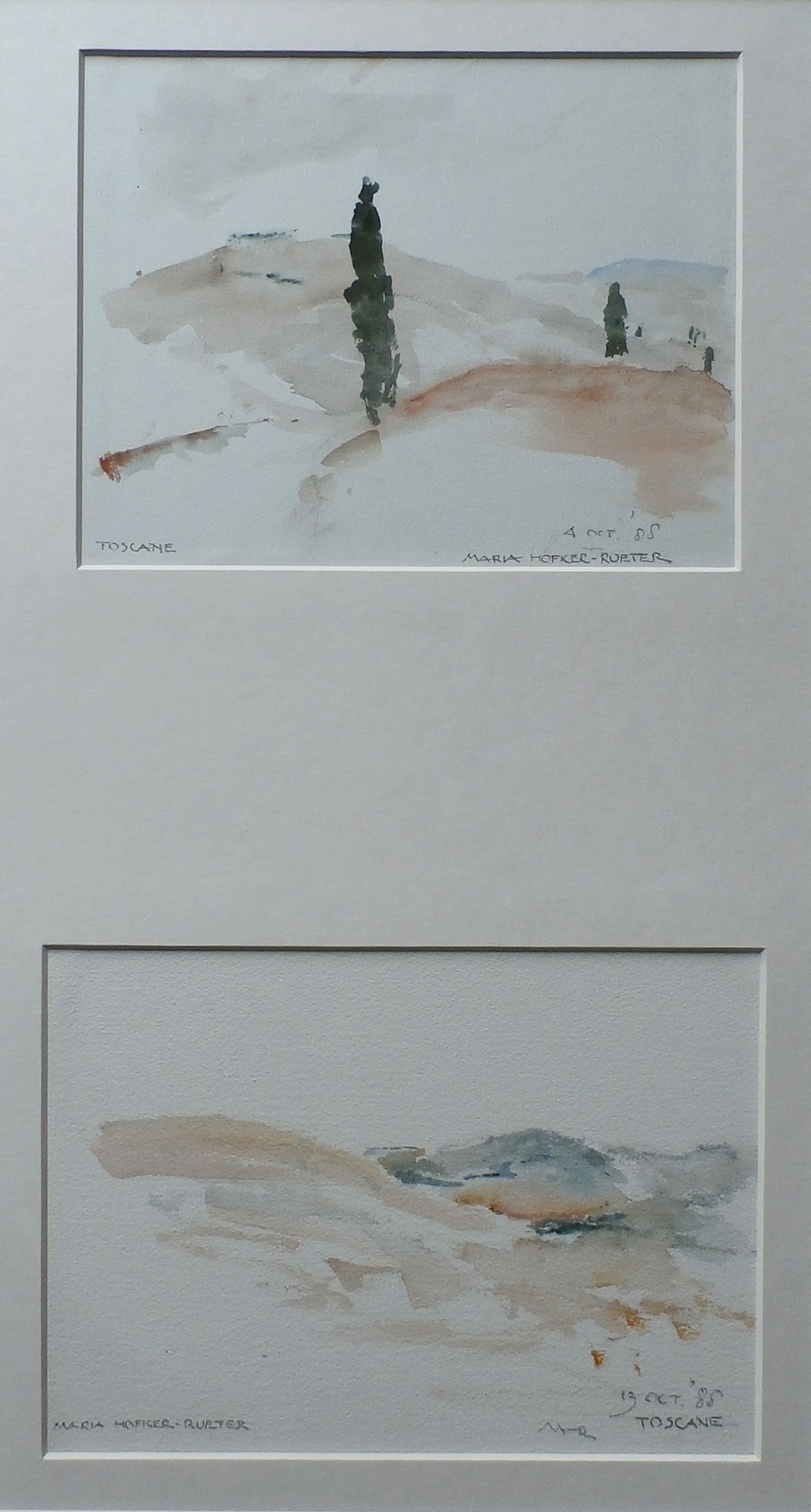 Maria Hofker - Rueter - Twee aquarellen in een passepartout: Toscane - 1988 kopen? Bied vanaf 150!