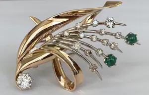 14 karaat Geel goud - Broche - 1.11 ct Diamanten - Smaragden kopen? Bied vanaf 900!