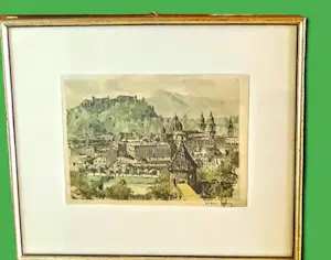 Buy Hans Figura - Farbradierung auf Seide "Salzburg" im Rahmen (27 x 30 cm) sehr guter Zustand? Bid from 70!