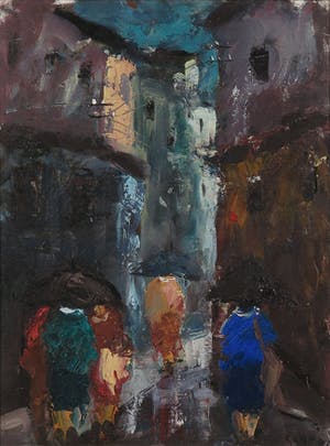 Niet of onleesbaar gesigneerd - Olieverf op board, Stadsgezicht - Ingelijst kopen? Bied vanaf 1!