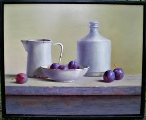 Hans Habraken - Witte kan fles en bord met pruimen kopen? Bied vanaf 695!