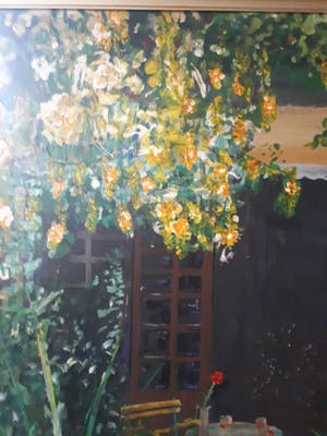 Niet of onleesbaar gesigneerd - Patio met bloemen - zeer groot - ingelijst kopen? Bied vanaf 10!