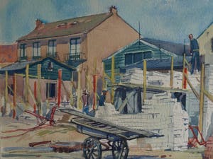 Klaas Pijlman - Ingelijste aquarel , “Huizen in aanbouw in Egmond aan Zee” – 1955 kopen? Bied vanaf 50!