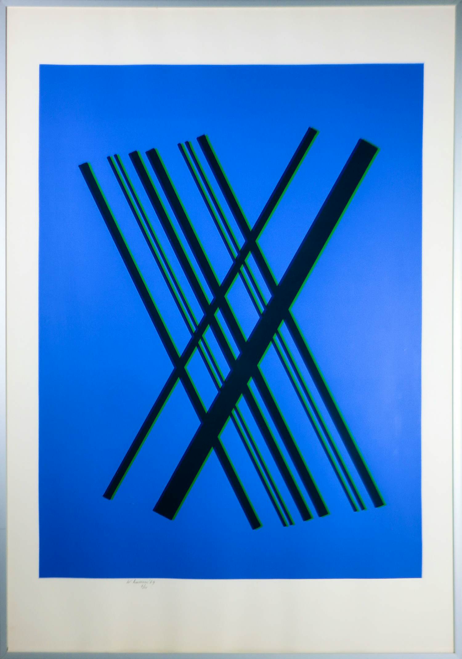 Willem Hussem - Zeefdruk, Compositie met gekruiste lijnen in blauw en zwart - Ingelijst kopen? Bied vanaf 200!