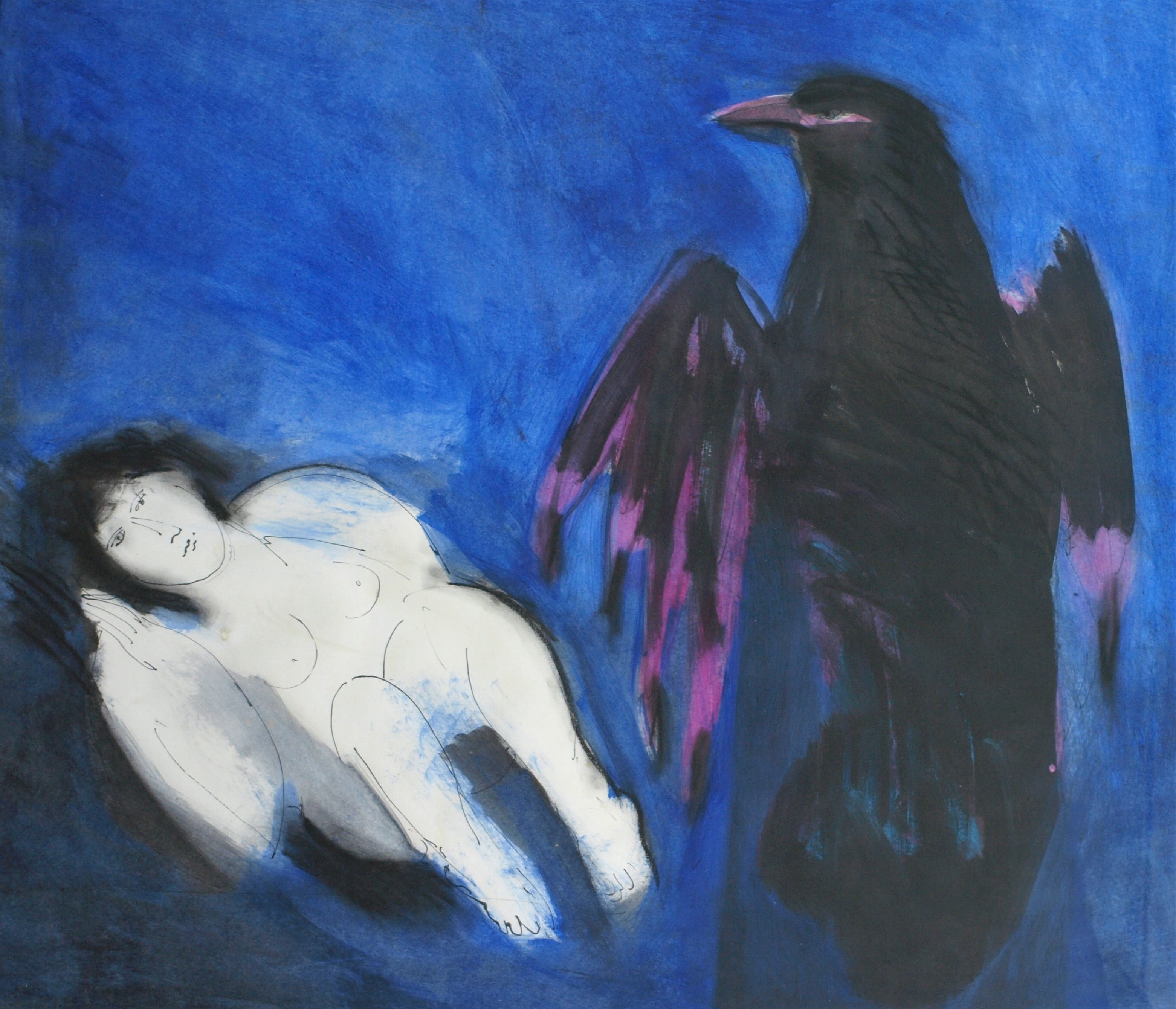 Anke Engelse - Acrylverf en inkt , Vrouw met Kraai –gesigneerd & ingelijst – 1993 verkocht voor € 75!