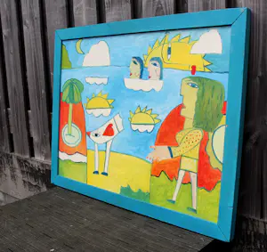 Hannes Kuiper - Ingelijste acrylverf op paneel: 'Wandeling met palm beats' kopen? Bied vanaf 199!