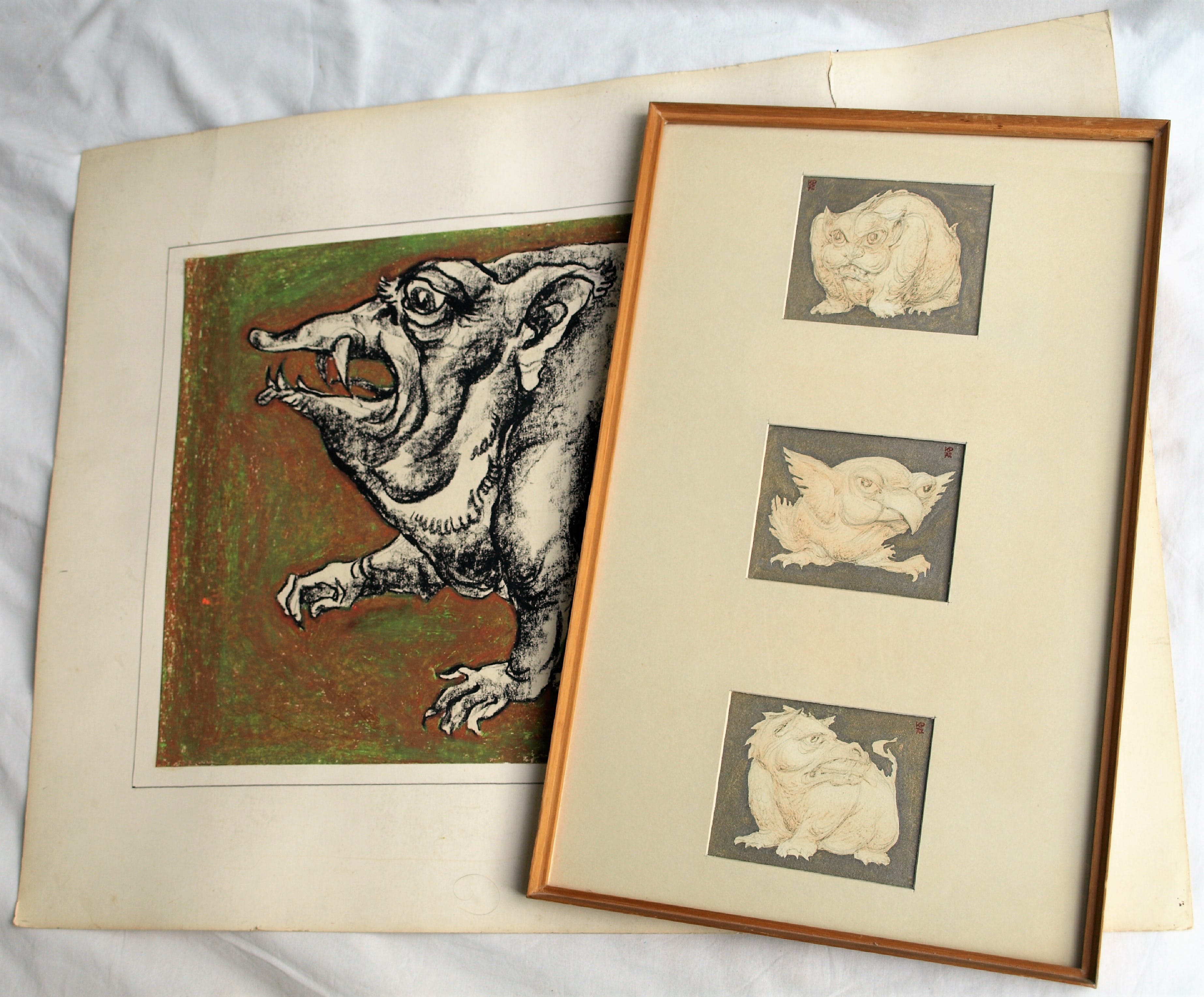 Klaas Pijlman - Fantasiedieren - 3 Tekeningen + 1 Pastel – 1972 kopen? Bied vanaf 35!