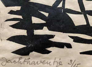 Lense Elzinga - Jachthaventje - Signierter Original Linolschnitt von 1960 - nur 15 Ex. kopen? Bied vanaf 50!