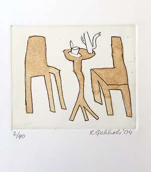 Klaas Gubbels - ets met aquarel ingekleurd - ‘Interieur met servies’ - 2004 verkocht voor € 245!