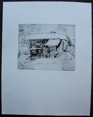 Jan Wiegers - Droge naald ets: Chalet in de sneeuw kopen? Bied vanaf 75!