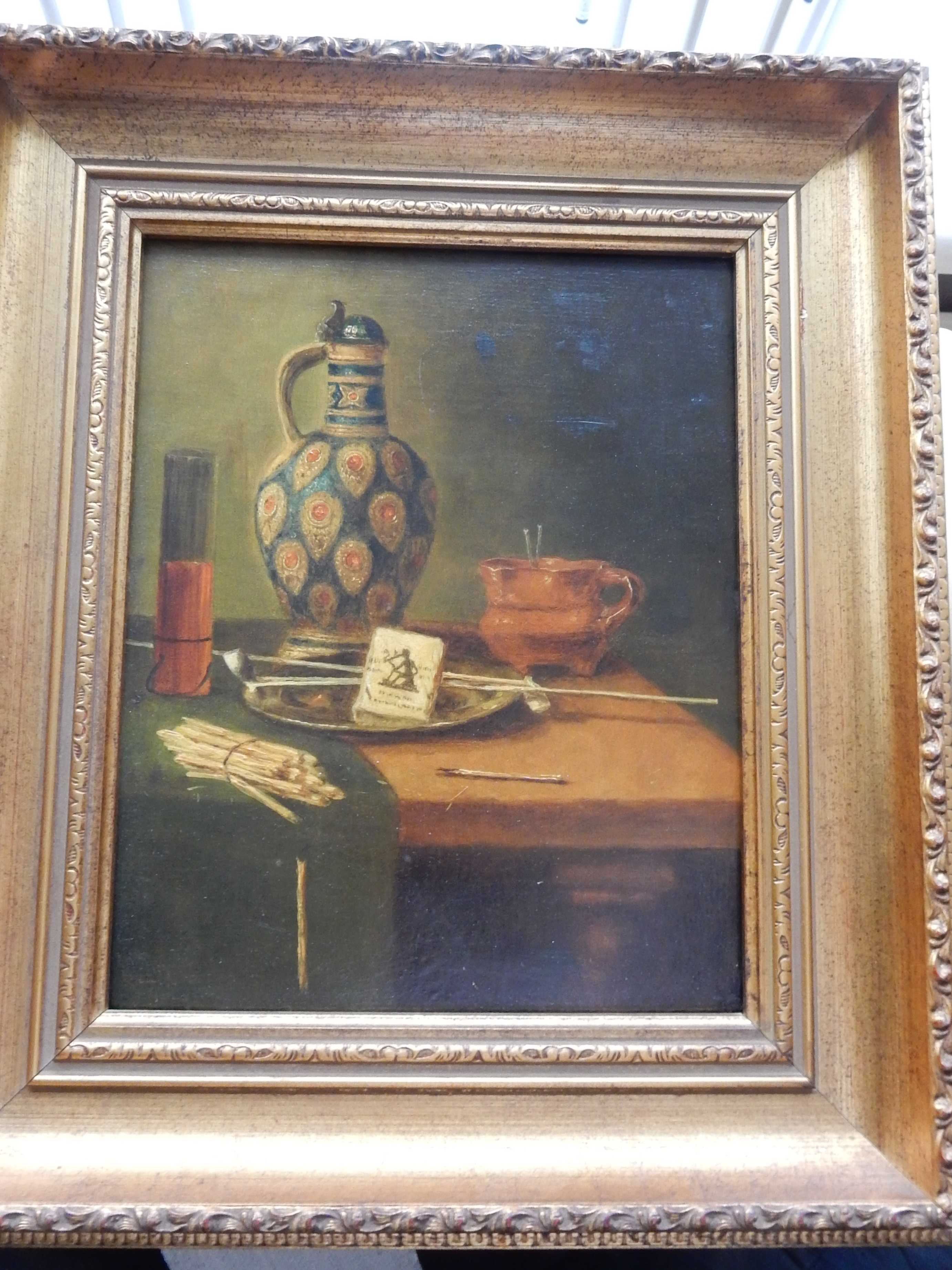 Niet of onleesbaar gesigneerd - stilleven met karaf en schenkkan en attributen op tafeltje verkocht voor € 1!