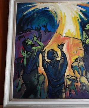 Klaas Pijlman - Olieverf op board, "figuren in het vuur die hogere macht aanbidden" kopen? Bied vanaf 1!