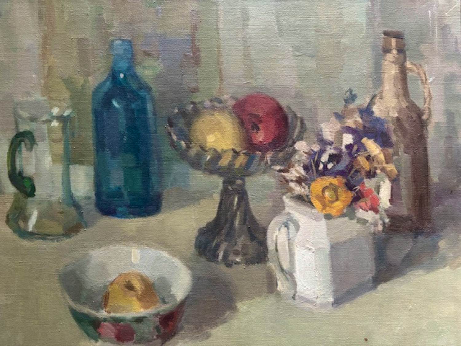 Wil van Dinther - gevarieerd stilleven met oa bloemen en fles wijn kopen? Bied vanaf 195!