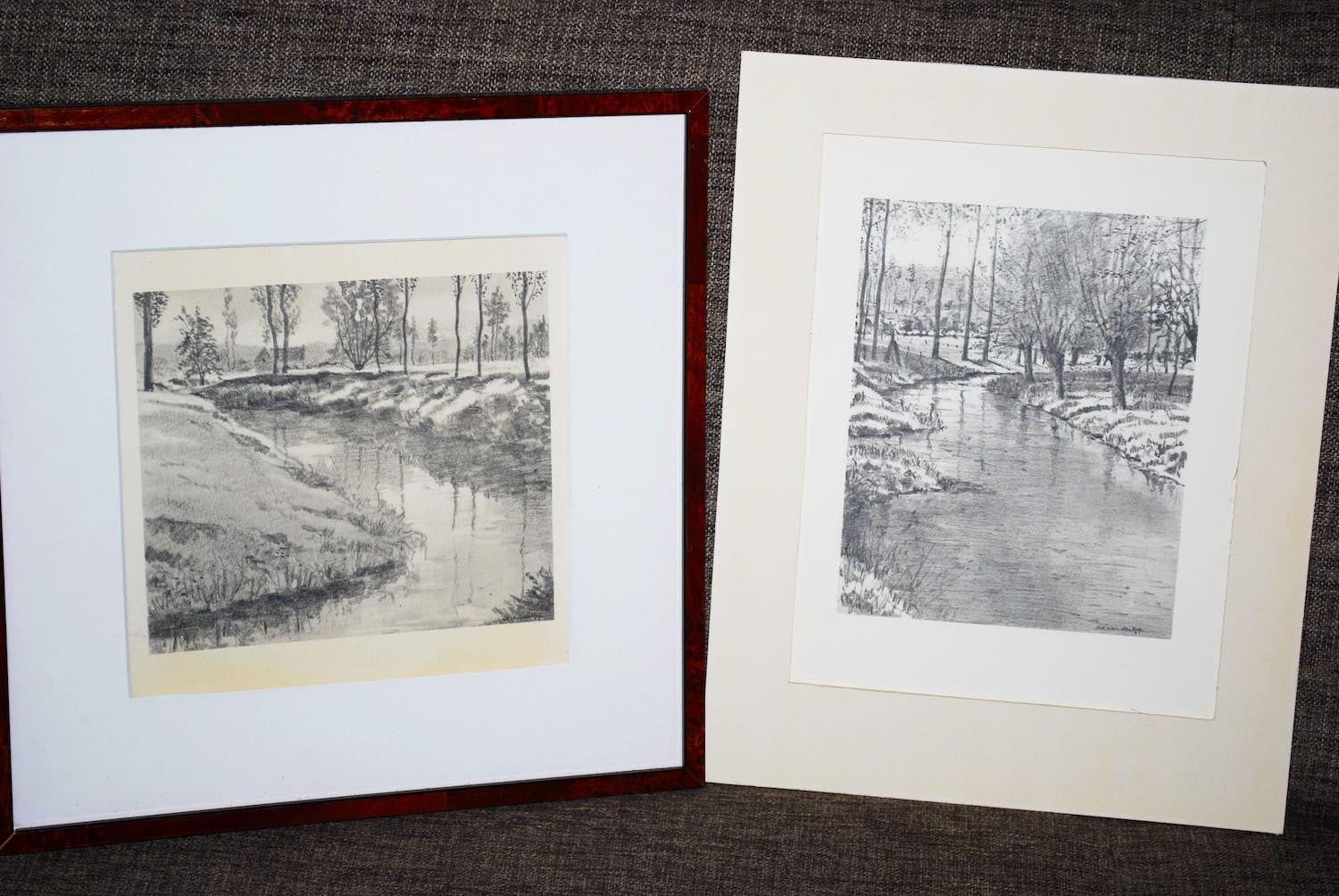 Ad van der Kop - Riviertjes bij Gulpen Limburg, winter - 2 litho's, in passepartout en lijst verkocht voor € 20!