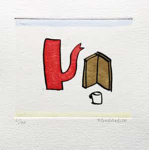 Klaas Gubbels - ets met aquarel ingekleurd - ‘Rode kan met boek’ verkocht voor € 245!