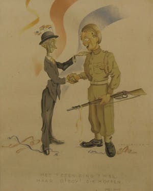 Jan Lavies - Litho, Met 't eten ging 't wel (...) - Ingelijst kopen? Bied vanaf 1!