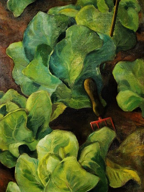 Niet of onleesbaar gesigneerd - Groot 1946 gesigneerd Amerikaans olieverf "Moestuin met Sla" verkocht voor € 1!