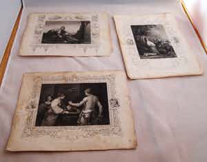 Niet of onleesbaar gesigneerd - Drie antieke Engelse 19e eeuwse Litho's met bijbelse voorstellingen verkocht voor € 1!