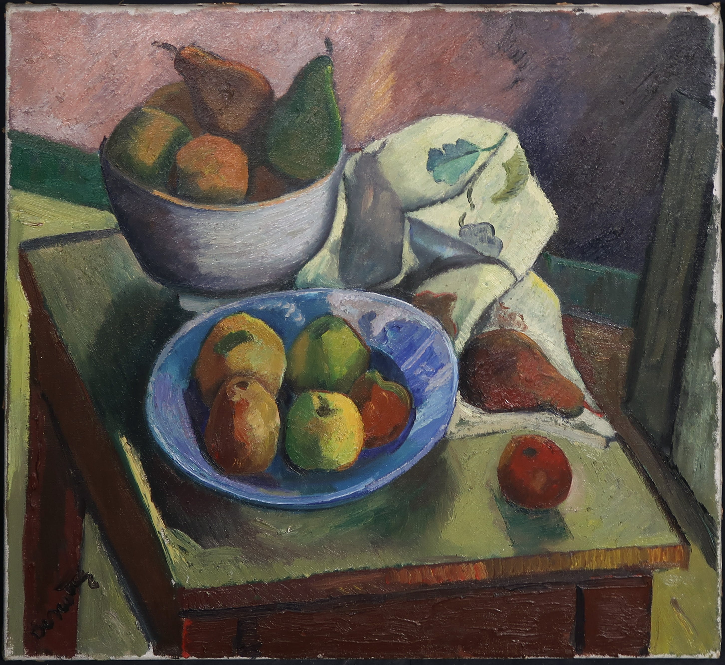 Jeanne Bieruma Oosting - Acryl op doek, Stilleven met fruit op tafel verkocht voor € 750!