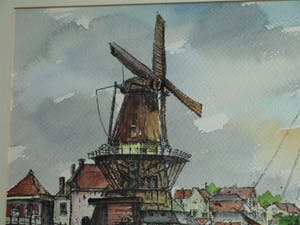 Niet of onleesbaar gesigneerd - Gesigneerd “Belleke ?” , Aquarel - “Molen aan de haven” – ingelijst kopen? Bied vanaf 10!