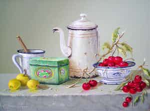 Thomas Heesakkers - Stilleven emaillen koffiekan blikje enschaaltje kersen verkocht voor € 250!