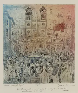 Arnold Gross - Ets en aquatint, De Spaanse trappen - Ingelijst kaufen? Bieten Sie von 300!