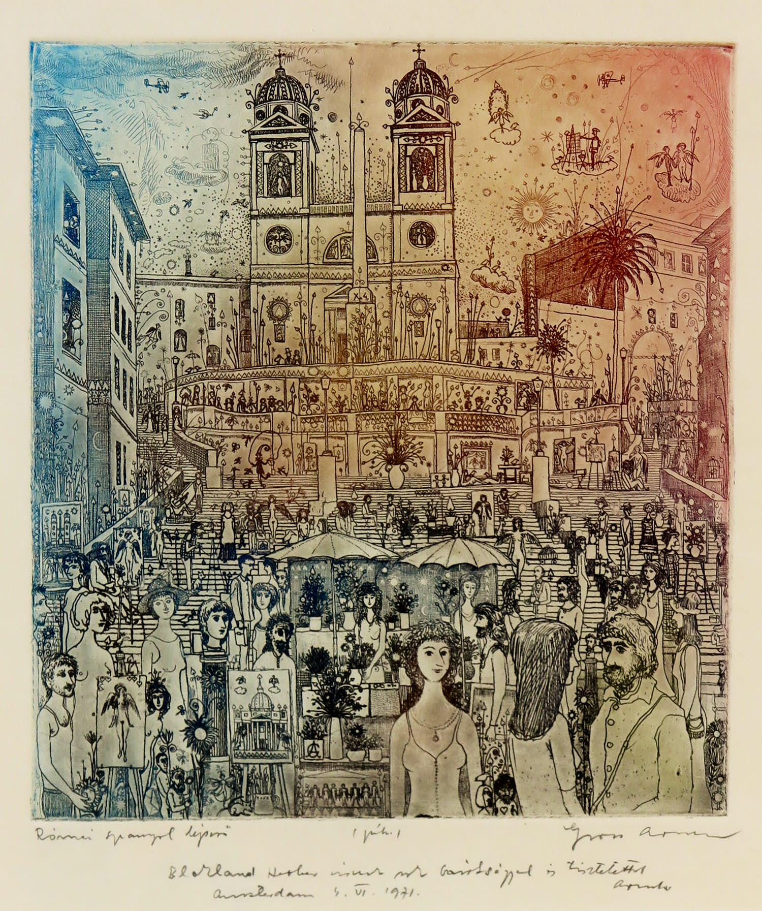 Arnold Gross - Ets en aquatint, De Spaanse trappen - Ingelijst verkocht voor € 300!