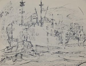 Wim Motz - 2 tekeningen van Rotterdamse havengezichten kopen? Bied vanaf 50!