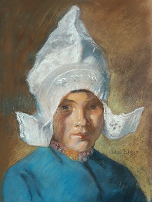 Adri Bleys - Meisje in Volendamse klederdracht, pastelkrijt tekening kopen? Bied vanaf 275!